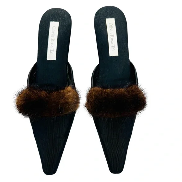 Olivia Rose Tal Black Wedge Mules with Brown Fur sz 9 Vintage - Picture 2 of 11